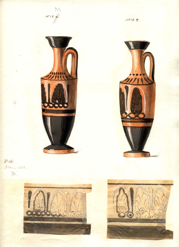 (15M,P) black and red, singe handled vases